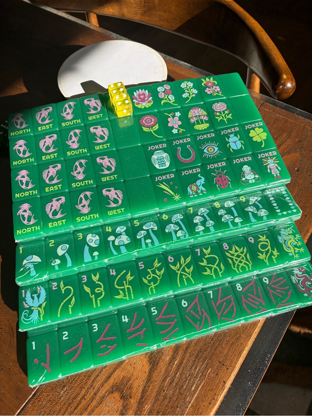 Green Mahjong Tile Set with Floral and Mushroom Designs